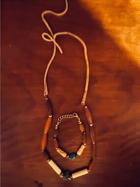 Wooden Bead Necklace and Bracelet Set - Brown & Turquoise